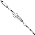 Stainless Steel Polished Wavy CZ Sideways Cross Bracelet, 7.5 mm
