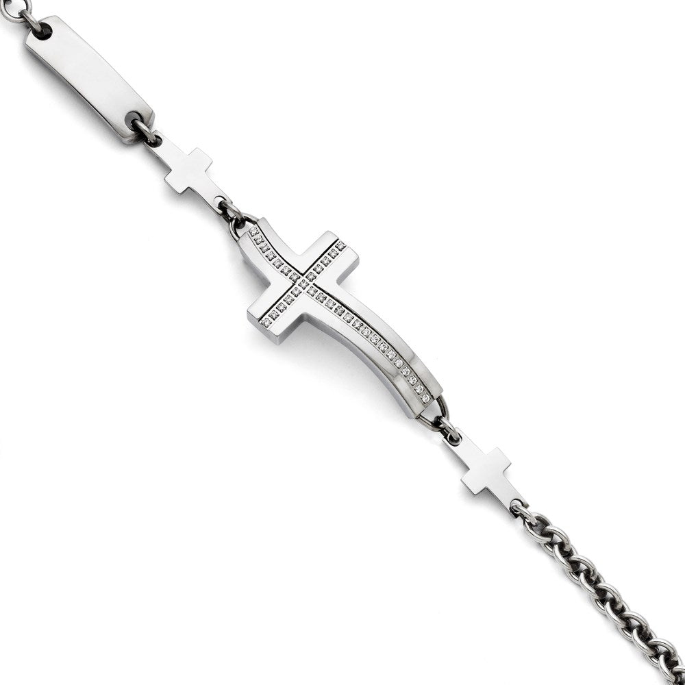 Stainless Steel Polished Wavy CZ Sideways Cross Bracelet, 7.5 mm