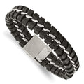 Chisel Stainless Steel Brushed and Polished Black Leather 9 inch Bracelet, 9 x 16 mm