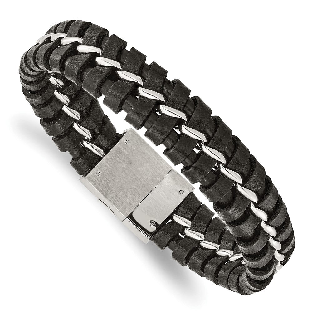Chisel Stainless Steel Brushed and Polished Black Leather 9 inch Bracelet, 9 x 16 mm