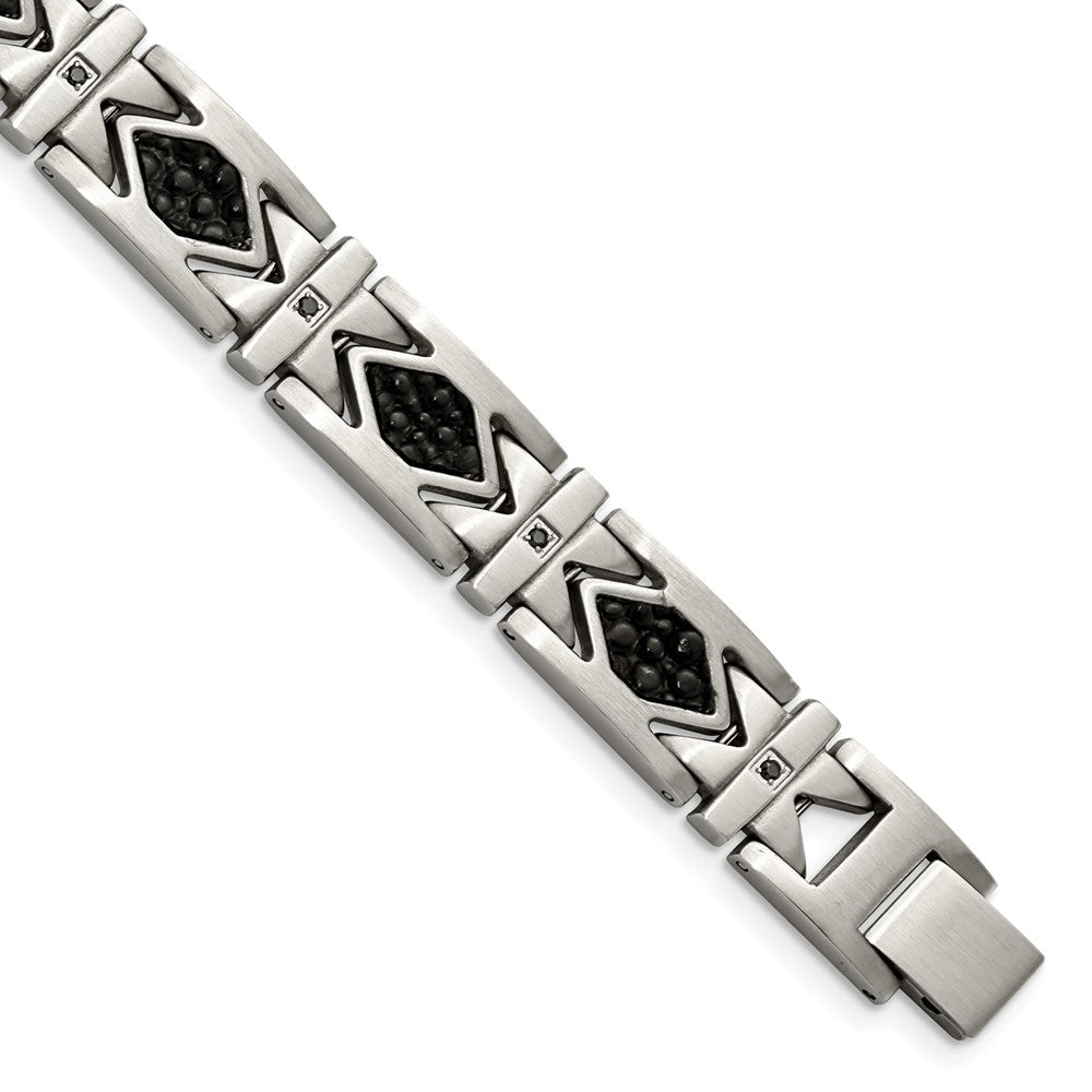 Chisel Stainless Steel Brushed with Stringray Textured Black Leather and Black CZ 8.5 inch Link Bracelet, 8.5 x 12 mm