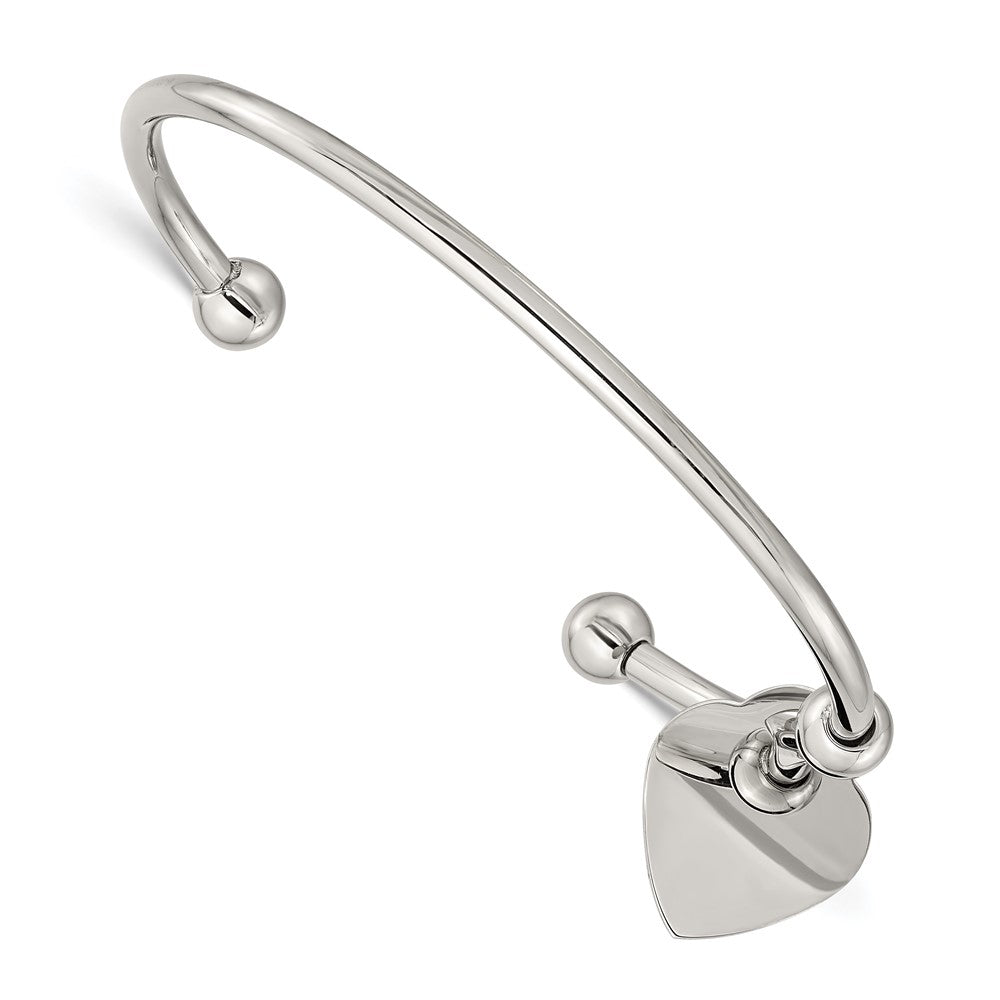Chisel Stainless Steel Polished with Heart Charm Cuff Bangle, 6.75 x 3 mm
