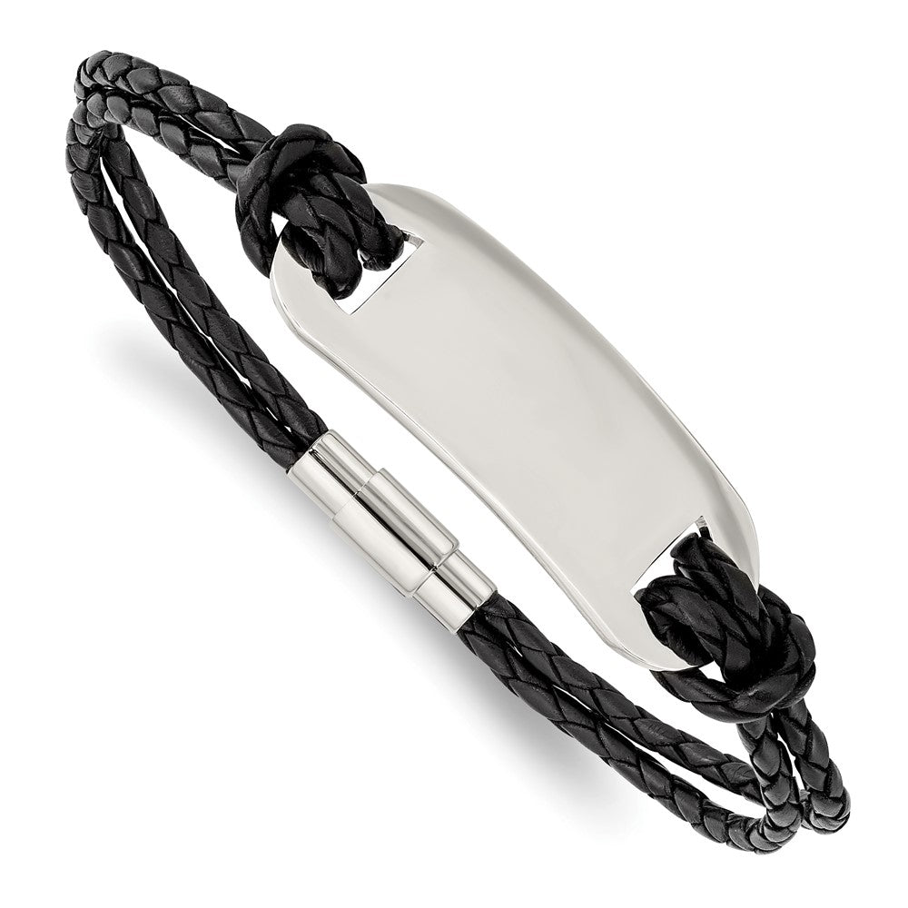 Chisel Stainless Steel Polished Black Woven Leather 8.25 inch ID Bracelet, 8.25 x 5 mm