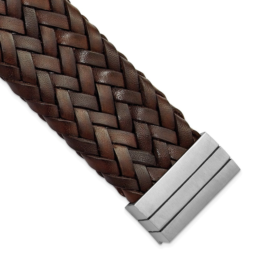 Stainless Steel Brushed & Brown Italian Woven Leather Bracelet, 7.75 x 36 mm