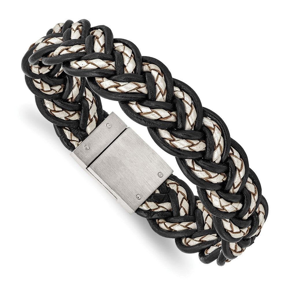 Stainless Steel Brushed Black and Cream Woven Leather 8.5in Bracelet, 8.5 x 17 mm