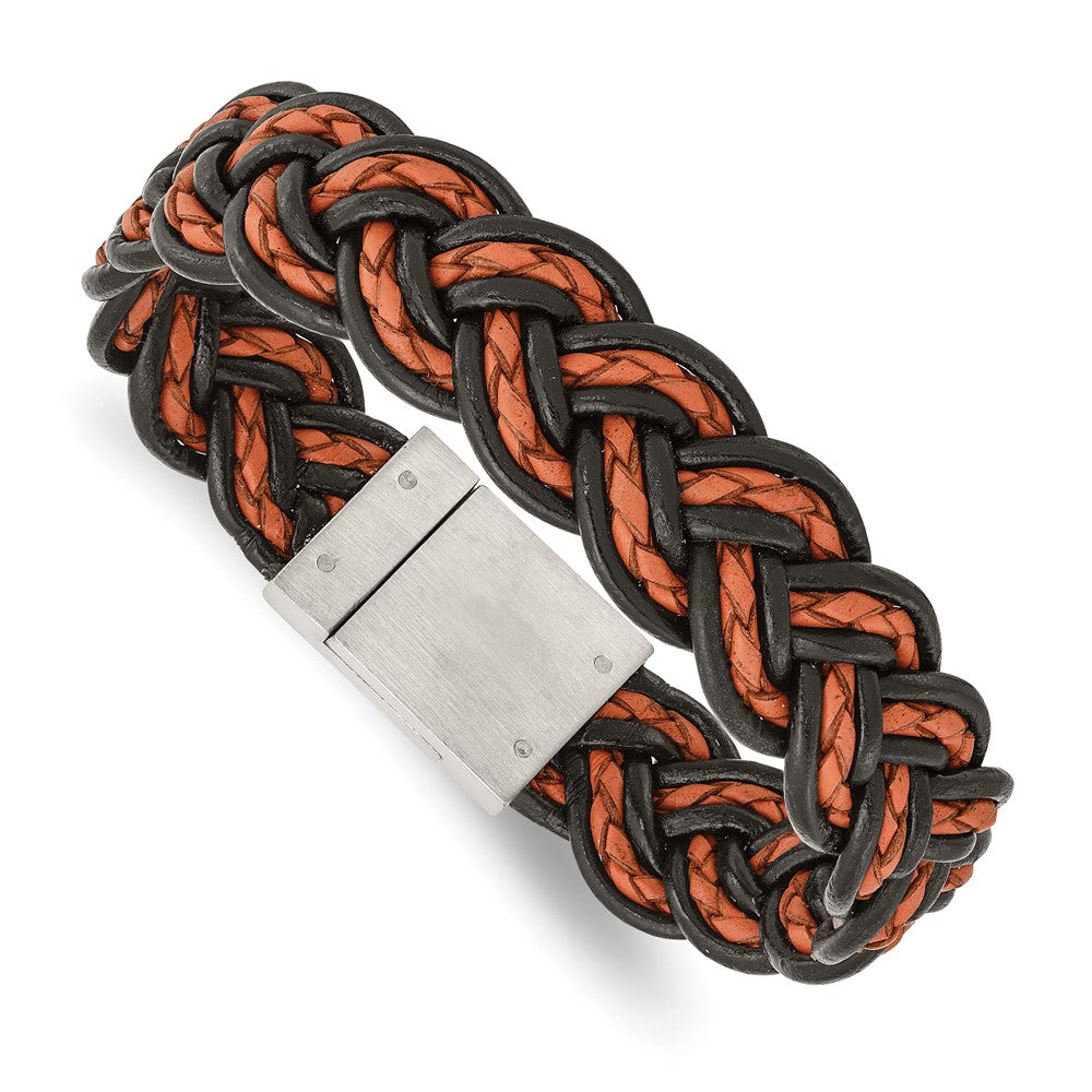 Stainless Steel Brushed Black and Orange Woven Leather 8.5in Bracelet, 8.5 x 17 mm