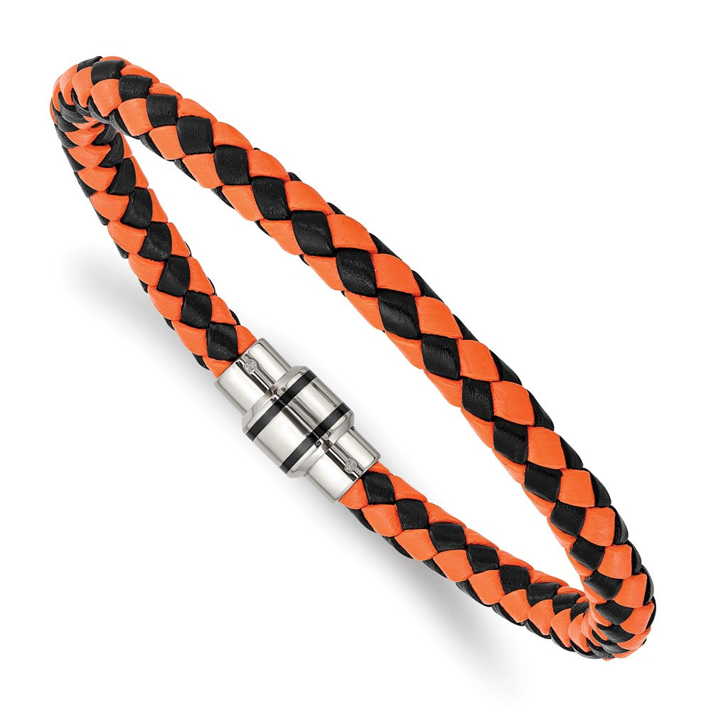 Chisel Stainless Steel Polished Black IP-plated Black and Orange Braided Leather 9 inch Bracelet, 9 x 6 mm