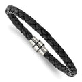 Chisel Stainless Steel Polished Black IP-plated Black Braided Leather 9 inch Bracelet, 9 x 6 mm