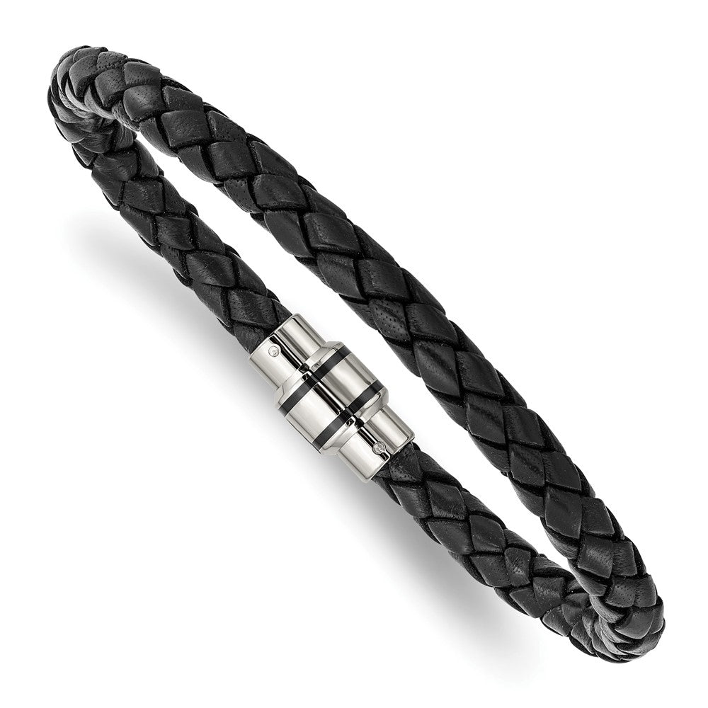 Chisel Stainless Steel Polished Black IP-plated Black Braided Leather 9 inch Bracelet, 9 x 6 mm