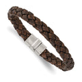 Chisel Stainless Steel Polished Brown Woven Leather 8.75 inch Bracelet, 8.75 x 10 mm