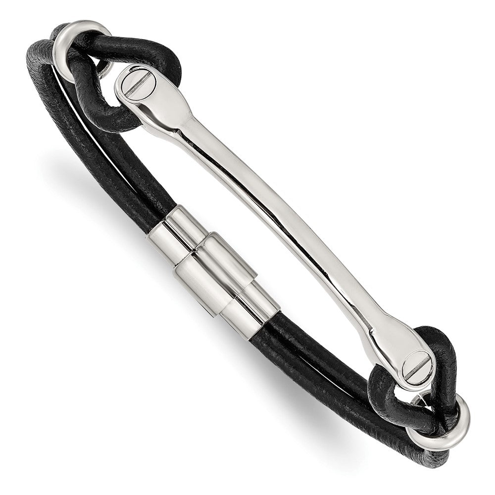 Chisel Stainless Steel Polished Black Leather 7.5 inch ID Bracelet, 7.5 x 6 mm