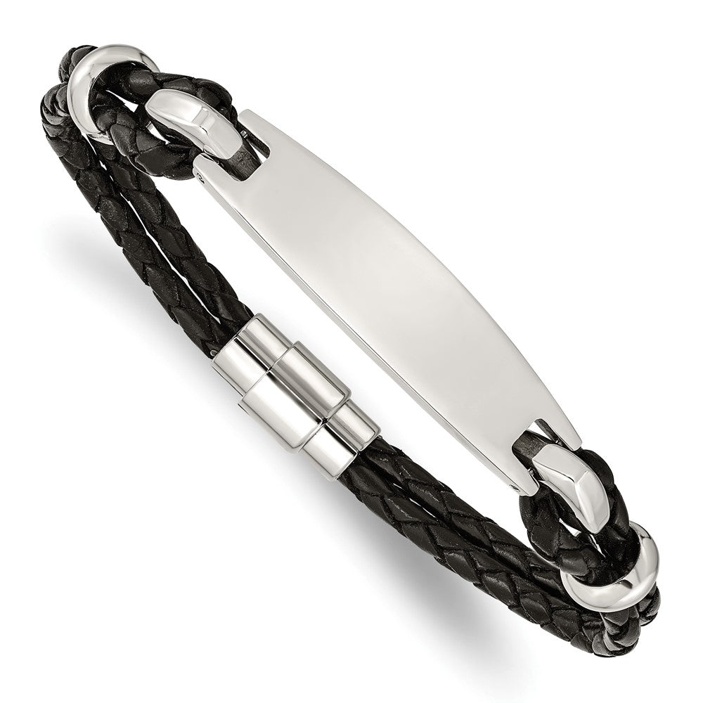 Chisel Stainless Steel Polished Black Woven Leather 8.5 inch ID Bracelet, 8.5 x 12 mm
