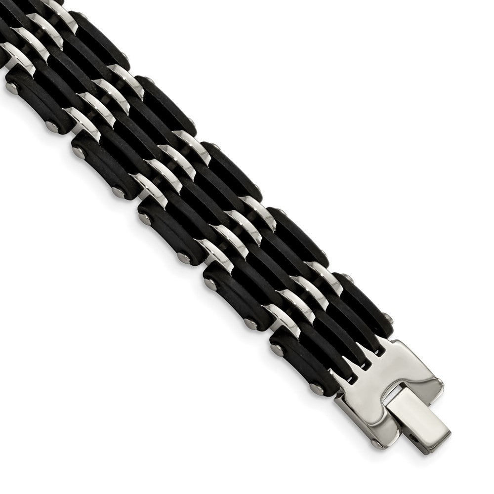Chisel Stainless Steel Polished with Black Rubber 8.25 inch Link Bracelet, 8.25 x 15 mm