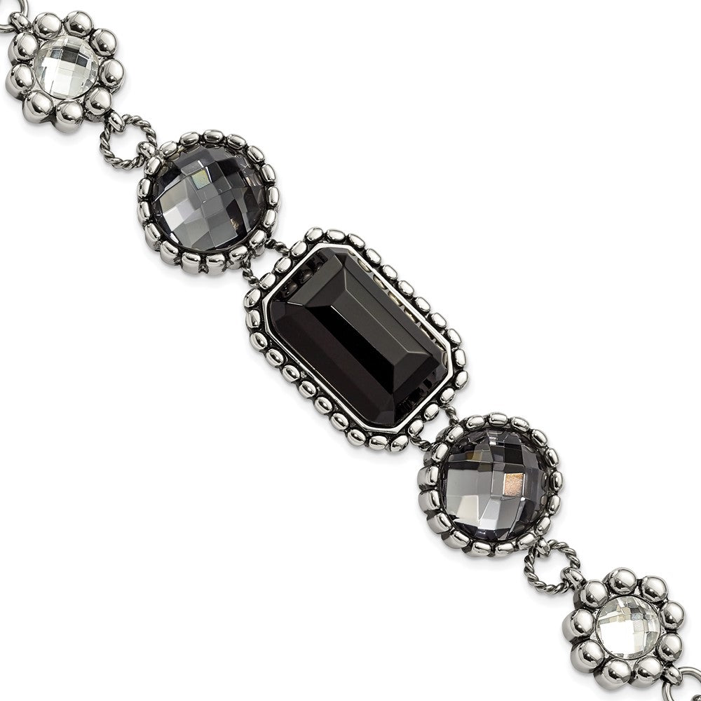 Stainless Steel Polished/Antiqued Glass Beaded w/1in ext. Bracelet, 9 x 22 mm