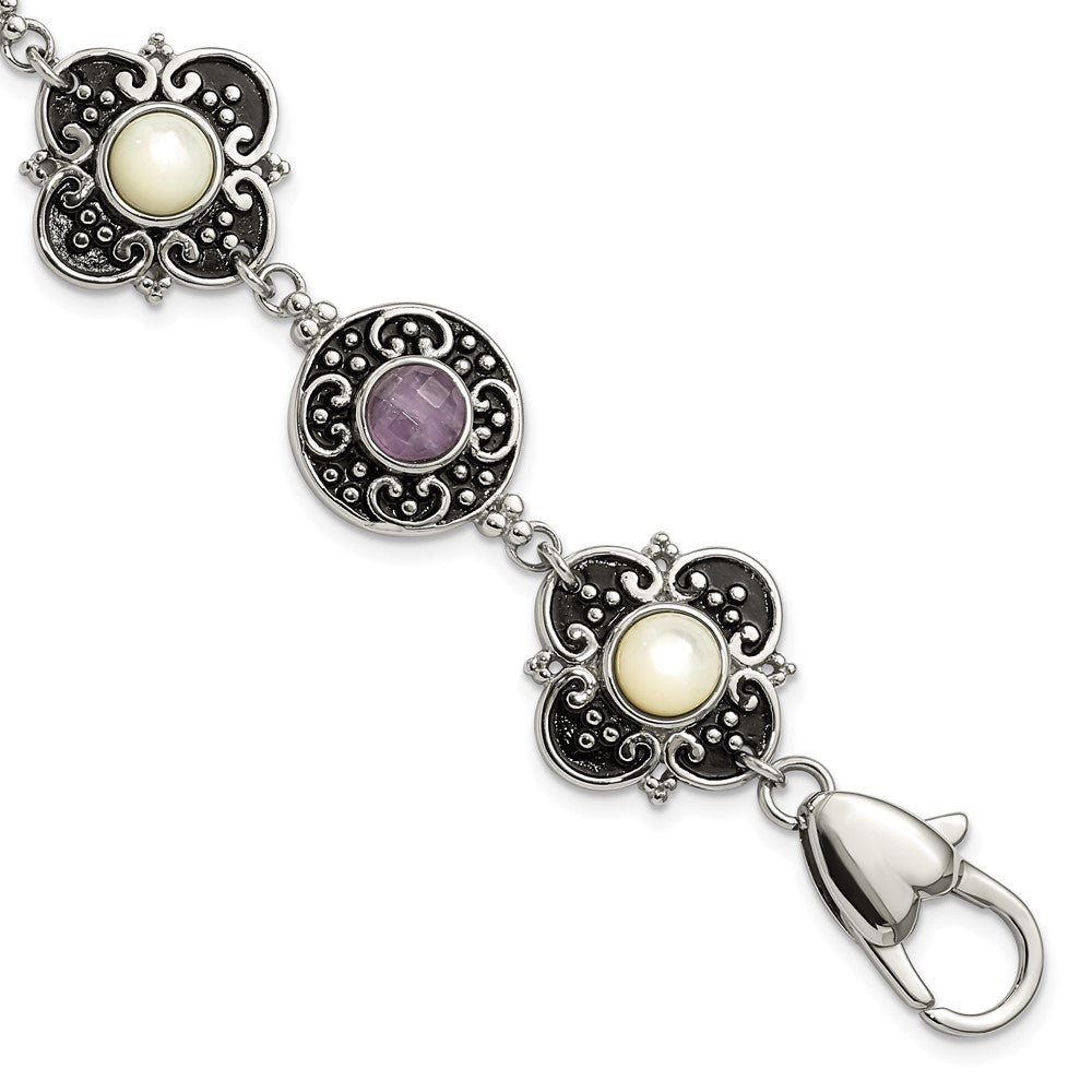 Stainless Steel Polished & Antiqued Mother of Pearl & Purple Glass w/ 1.5in ext Bracelet, 9 x 19 mm