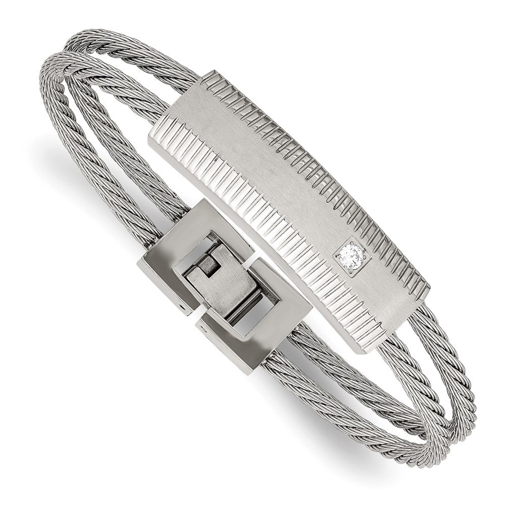 Stainless Steel Polished and Brushed CZ Wire 7in Bracelet, 7 x 12 mm
