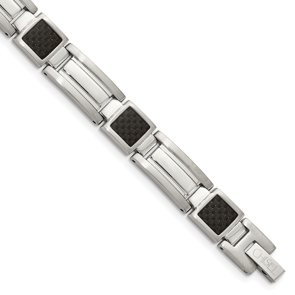 Chisel Stainless Steel Polished with Black Carbon Fiber Inlay 8.75 inch Link Bracelet, 8.75 x 8 mm
