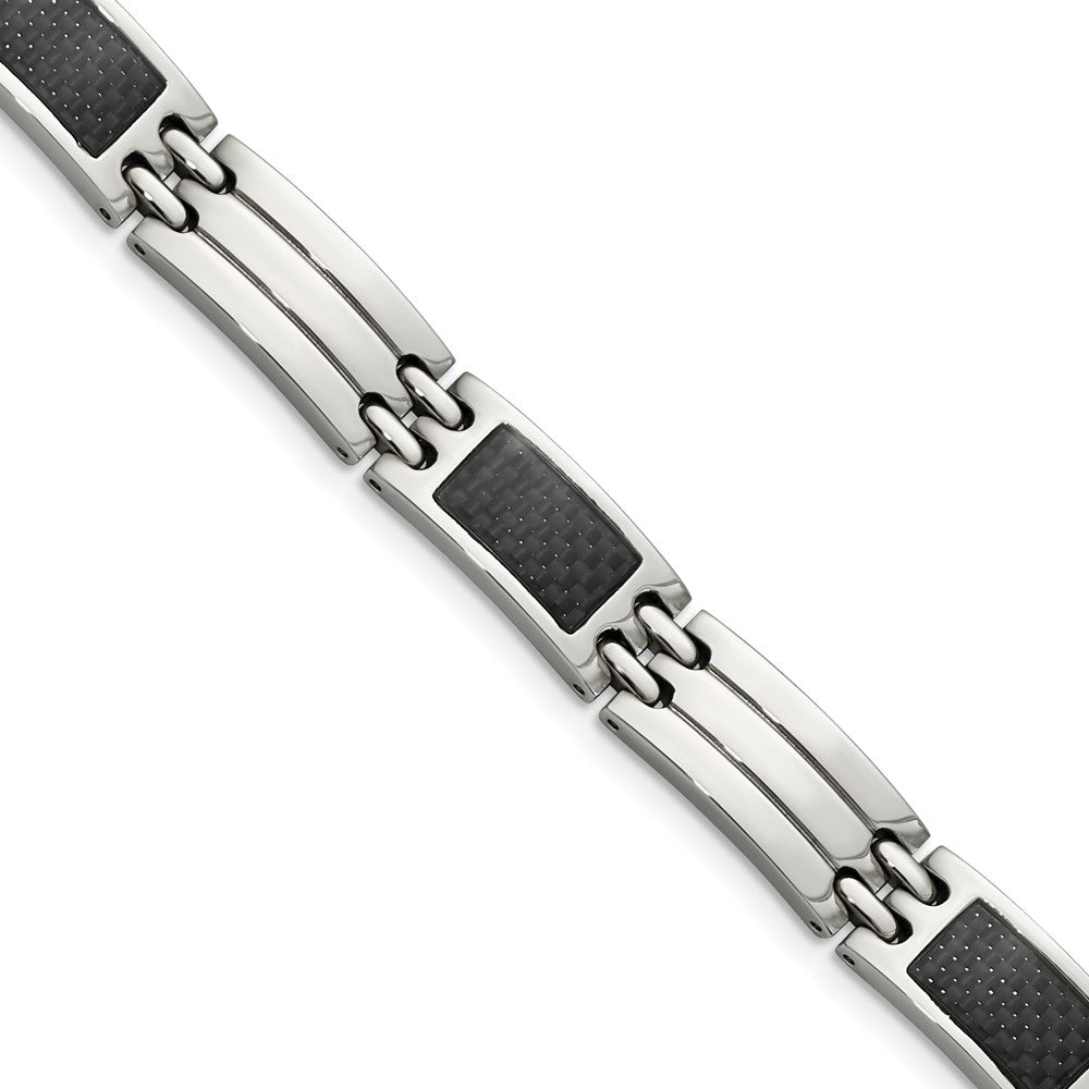 Chisel Stainless Steel Brushed and Polished with Black Carbon Fiber Inlay 8.5 inch Link Bracelet, 8.5 x 8 mm