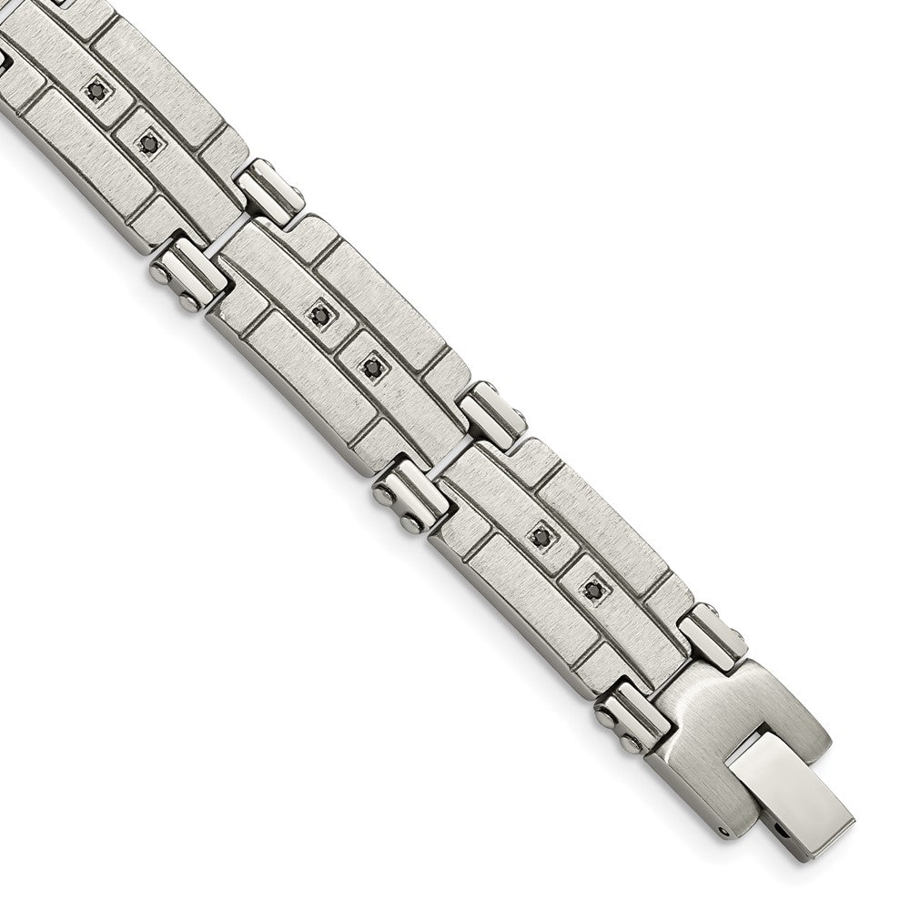Stainless Steel Polished and Satin with Black CZ 8in Bracelet, 8 x 12 mm