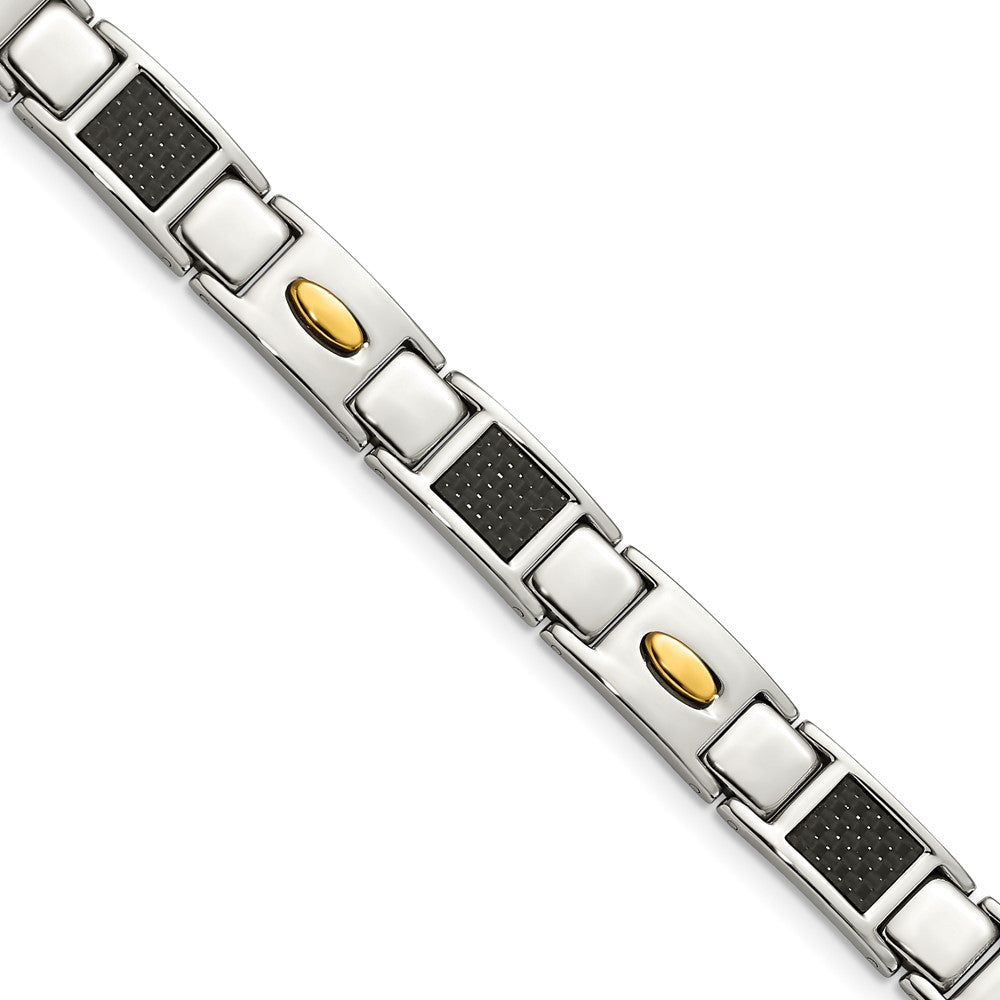 Chisel Stainless Steel Polished Yellow IP-plated with Black Carbon Fiber Inlay 9.5 inch Link Bracelet, 9.5 x 8 mm