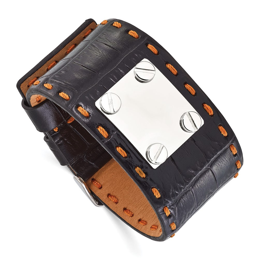 Stainless Steel Black Leather Orange Stitch Buckle ID Bracelet, 9.25 x 42.6 mm