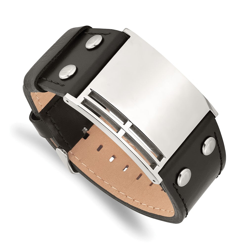 Stainless Steel Polished Black Leather Adjustable Buckle 9.25in Bracelet, 9.25 x 35 mm