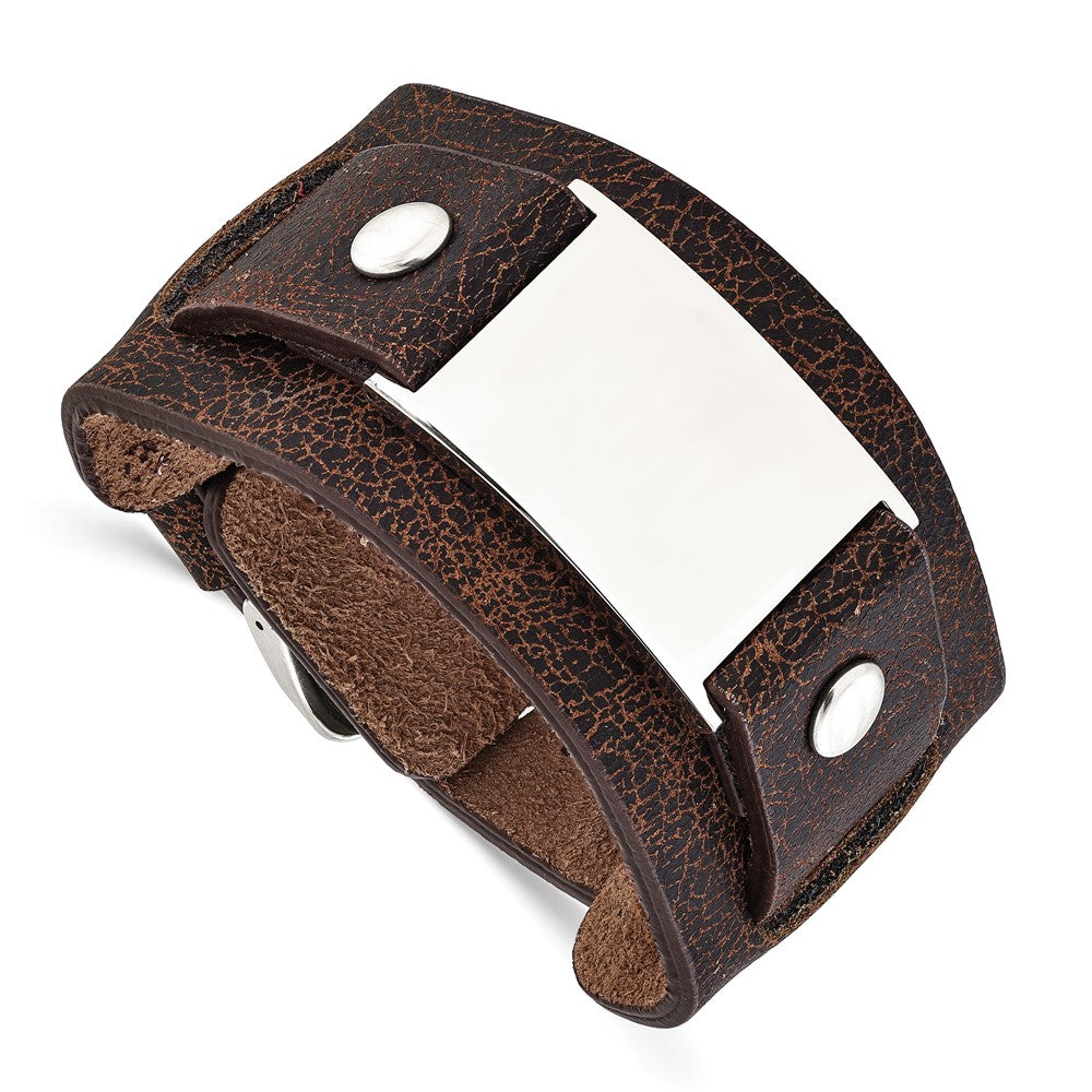 Stainless Steel Dark Brown Leather Polished Buckle Bracelet, 8.75 x 41.5 mm