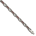 Stainless Steel Metallic Red Leather Polished Link Bracelet, 8.25 x 10 mm