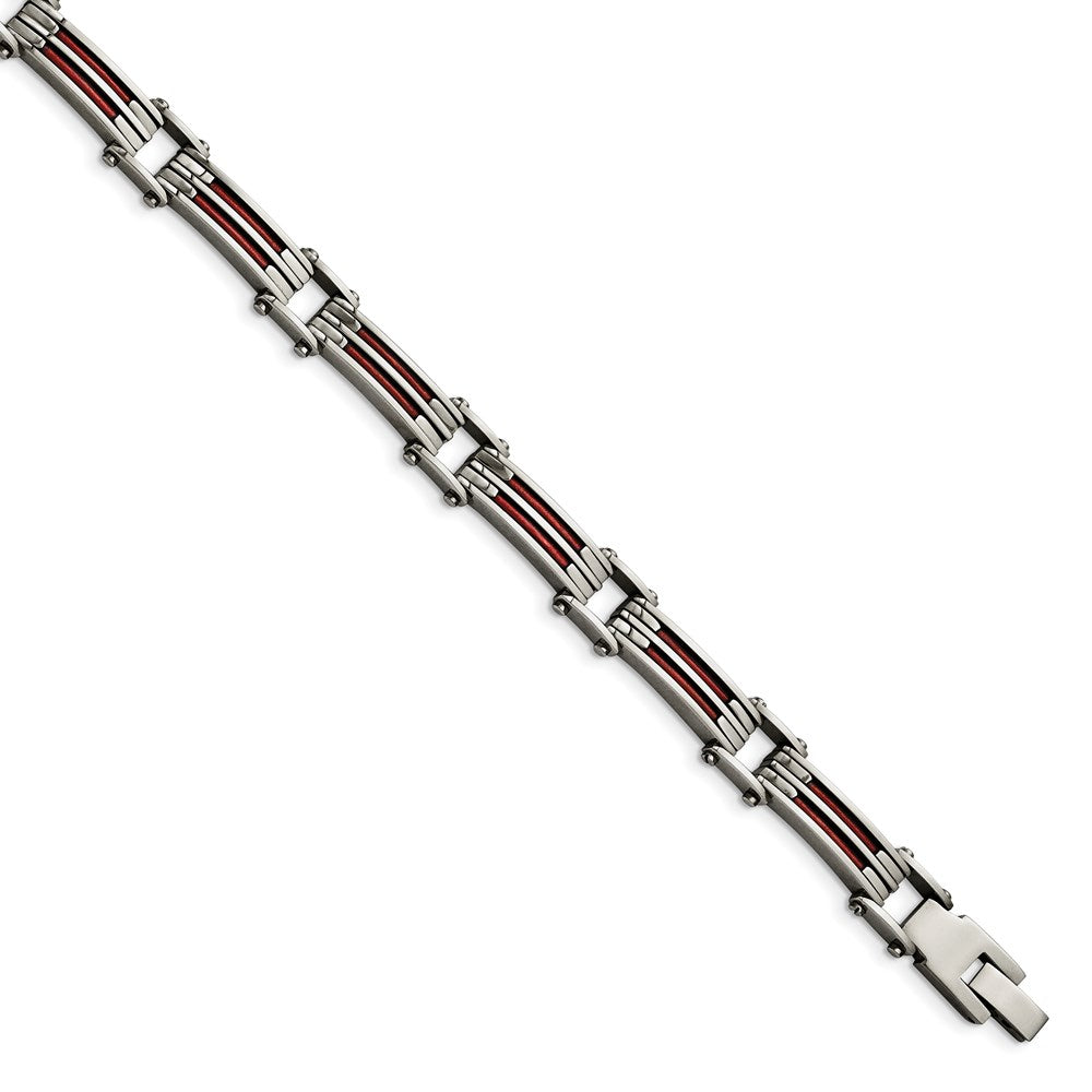 Stainless Steel Metallic Red Leather Polished Link Bracelet, 8.25 x 10 mm