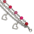 Stainless Steel Polished w/Pink Agate and Hearts 7.75in Bracelet, 7.75 mm