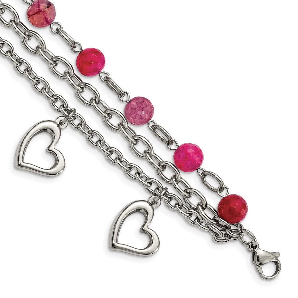 Stainless Steel Polished w/Pink Agate and Hearts 7.75in Bracelet, 7.75 mm