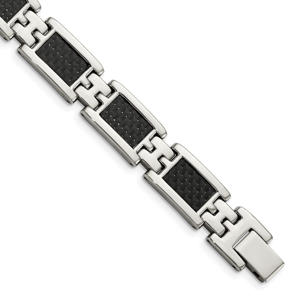 Chisel Stainless Steel Polished with Black Carbon Fiber Inlay 9.25 inch Link Bracelet, 9.25 x 12 mm