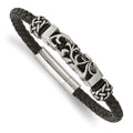 Chisel Stainless Steel Polished with Antiqued Beads Braided Black Leather 8.25 inch Bracelet, 8.25 x 10 mm