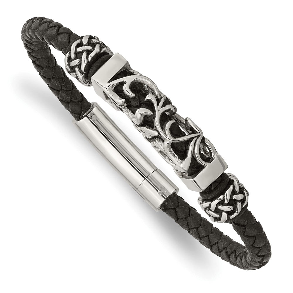 Chisel Stainless Steel Polished with Antiqued Beads Braided Black Leather 8.25 inch Bracelet, 8.25 x 10 mm