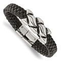 Stainless Steel Antiqued and Polished Black Leather 8.25in Bracelet, 8.25 x 15 mm