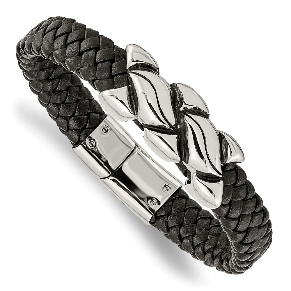 Stainless Steel Antiqued and Polished Black Leather 8.25in Bracelet, 8.25 x 15 mm