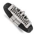 Stainless Steel Antiqued and Polished Fleur de Lis Black Leather Bracelet, 8.25 x 18 mm