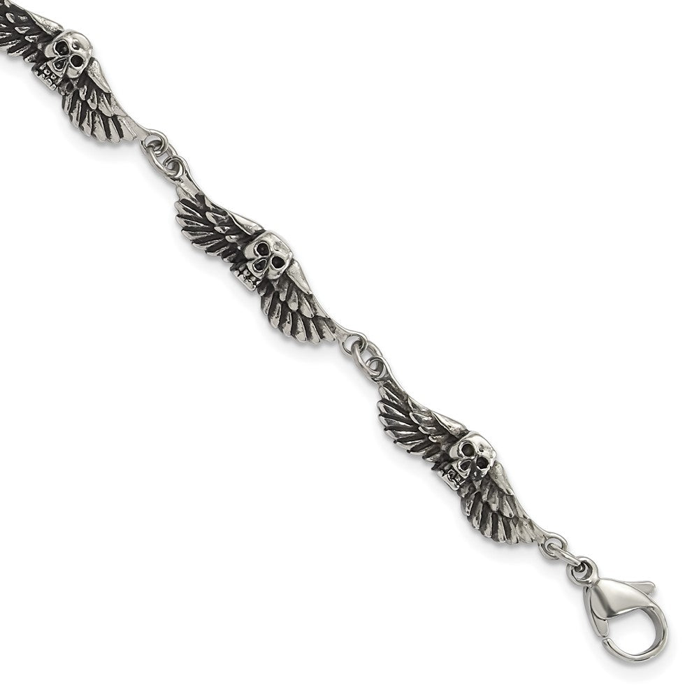 Stainless Steel Antiqued Skulls with Wings Bracelet, 7.75 x 6 mm