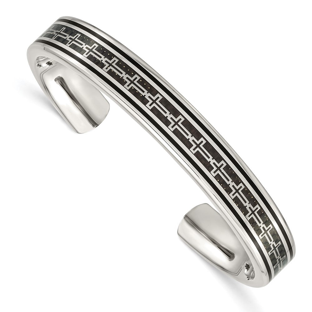Chisel Stainless steel Polished Black IP-plated with Black Carbon Fiber Inlay Cross Design Cuff Bangle, 7 x 10 mm