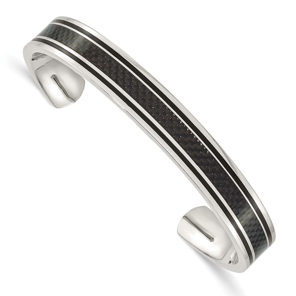 Chisel Stainless Steel Polished Black IP-plated with Black Carbon Fiber Inlay Cuff Bangle, 7.5 x 10 mm