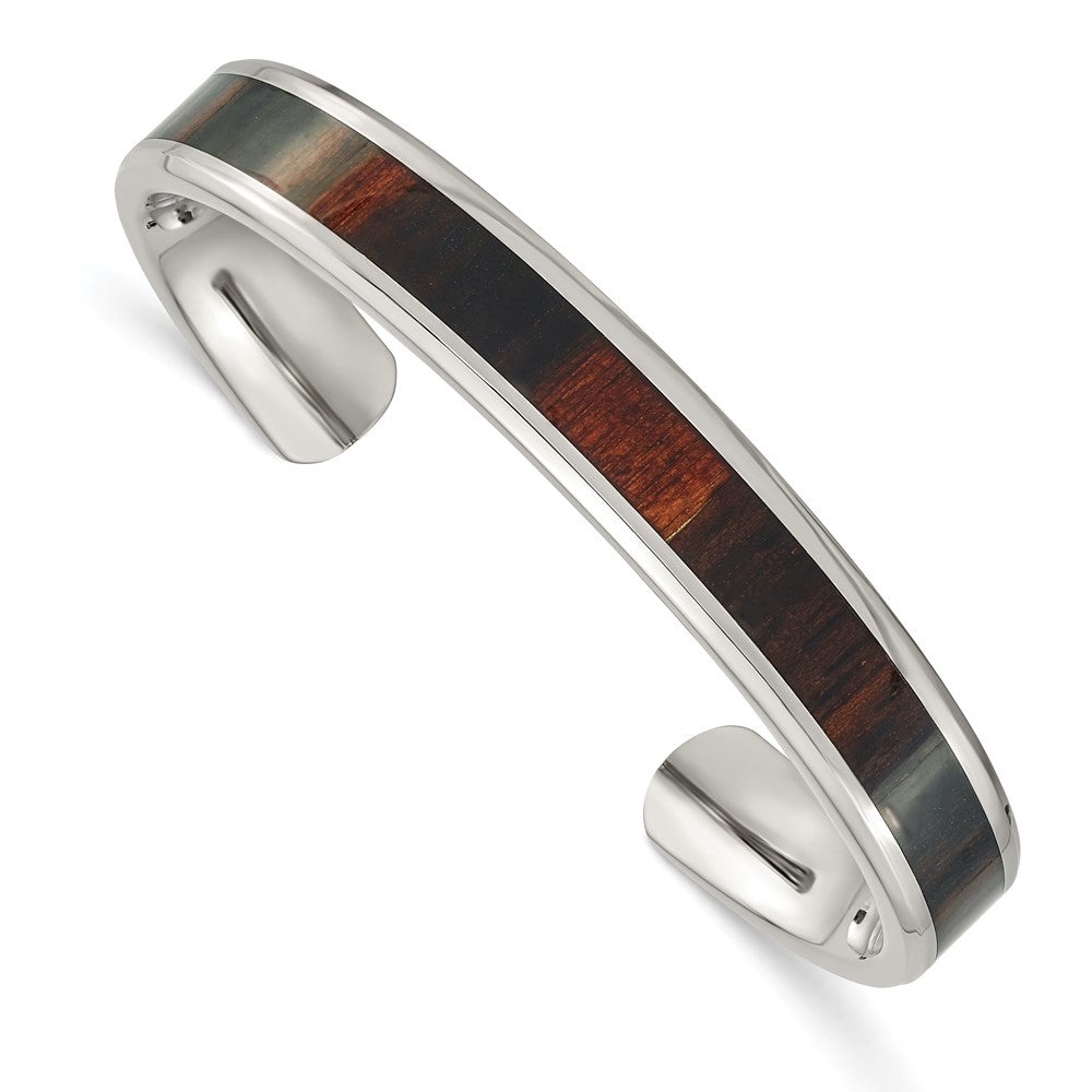 Chisel Stainless Steel Polished with Enameled Koa Wood Inlay Cuff Bangle, 7.5 x 10 mm