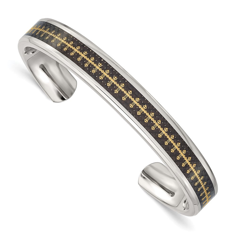 Stainless Steel Polished Yellow IP w/Carbon Fiber Inlay Cross Bangle, 11 mm