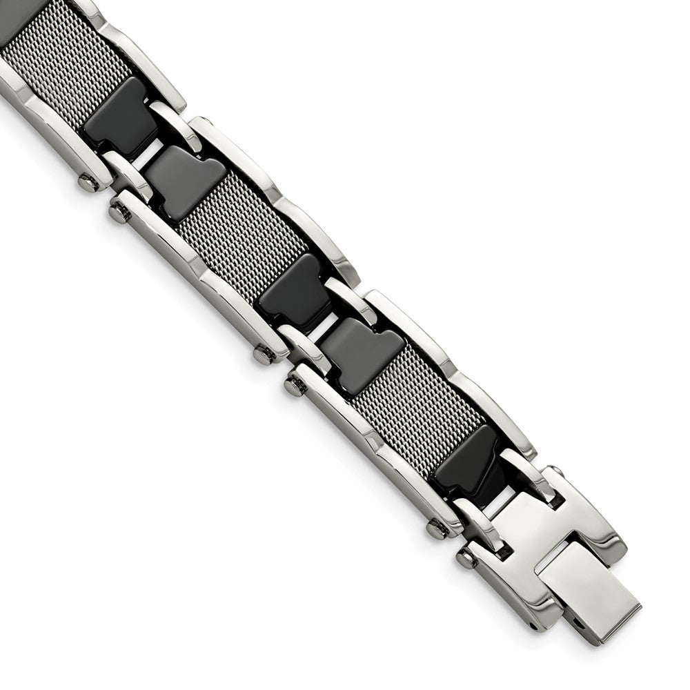 Chisel Stainless Steel Polished Mesh with Black Ceramic 8.25 inch Link Bracelet, 8.25 mm
