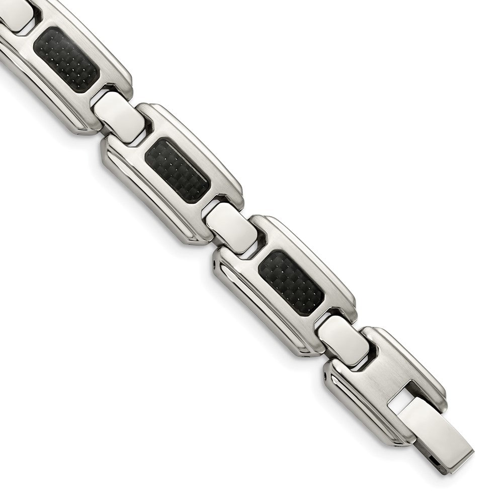 Chisel Stainless Steel Brushed and Polished with Black Carbon Fiber Inlay 9 inch Link Bracelet, 9 x 13 mm