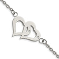 Stainless Steel Polished w/CZ Hearts 6.5in w/1.25in ext. Bracelet, 7.75 mm