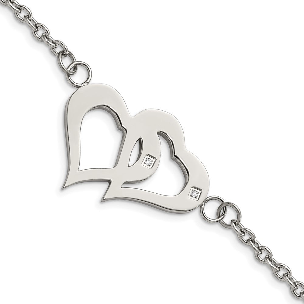 Stainless Steel Polished w/CZ Hearts 6.5in w/1.25in ext. Bracelet, 7.75 mm