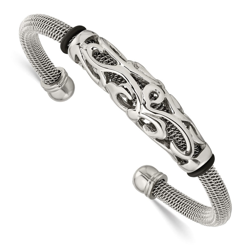 Stainless Steel Polished Mesh w/Black Rubber Bangle, 5 mm