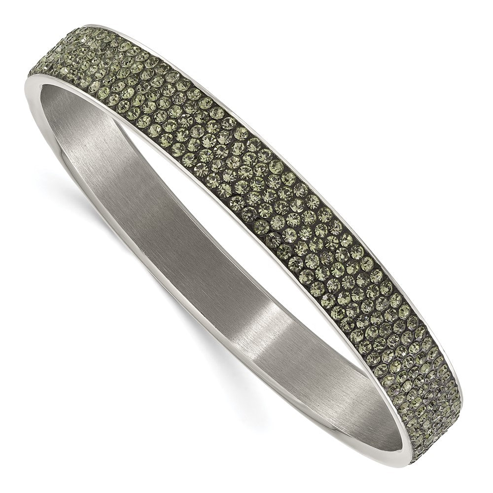 Stainless Steel Polished & Brushed Grey Crystal Thin Flat Bangle, 10.1 mm