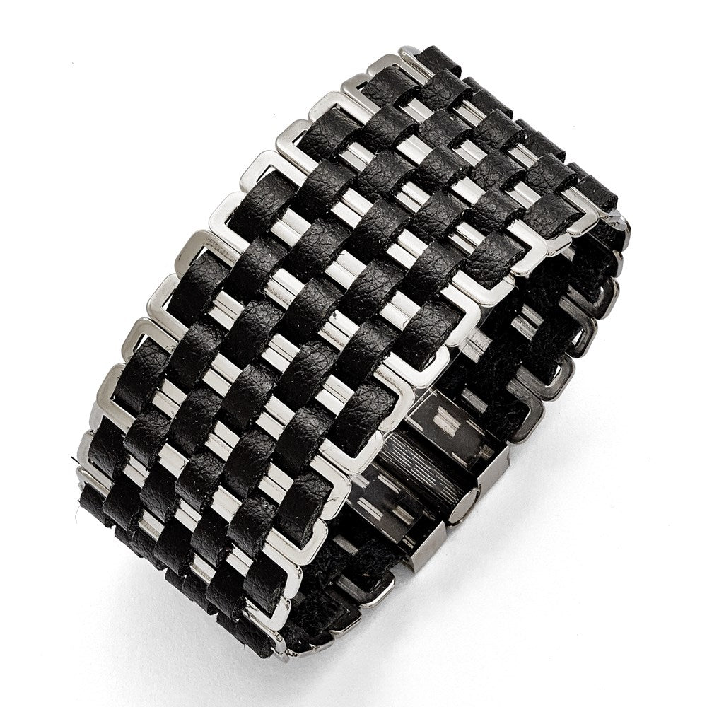 Stainless Steel Polished Woven Black Leather Bracelet, 7 x 35 mm