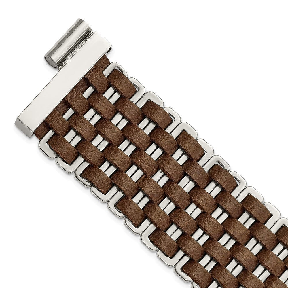 Stainless Steel Polished Woven Brown Leather Bracelet, 7 x 32 mm
